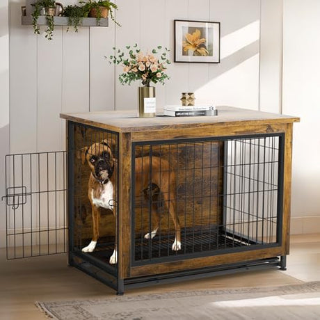 JY QAQA Dog Crate Furniture, Wooden Dog Crate Table, Dog's Furniture with Double-Doors, Indoor Dog Kennel, Dog Cage/Brown/XL JY QAQA PET