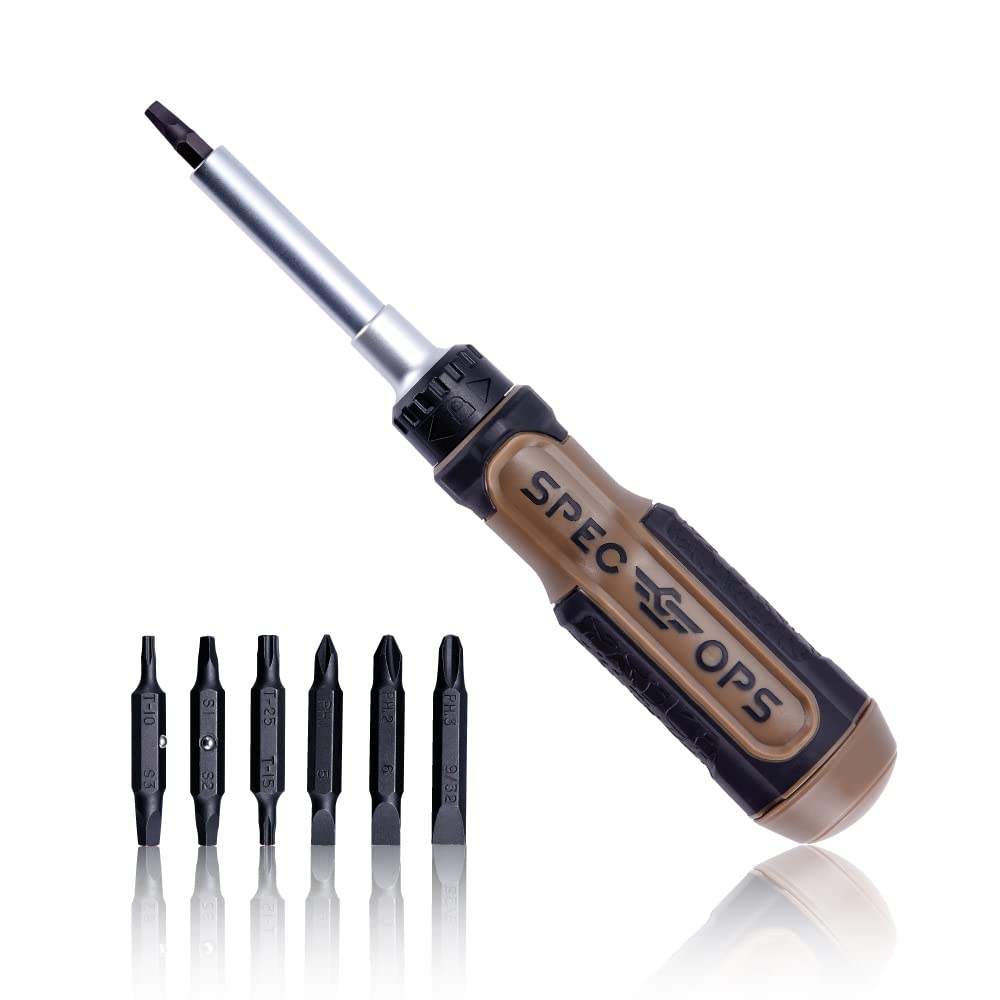 Spec Ops Tools Ratcheting Screwdriver, 12-in-1, Includes 6 Double-Sided S2 Steel Bits, Magnetic, Cr-Mo Steel Shaft, 3% Donated to Veterans Flat Dark Earth/Black - WoodArtSupply