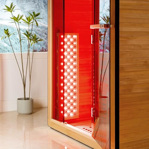 WOODBRIDGE Infrared Home Sauna Room 2 Person Hemlock Wooden Indoor Sauna,7 Carbon 2230W/120V Heaters,with Led Color Therapy Light,Bluetooth Speaker,Tempered Glass,Touch-Tone Keypad and A Top Vent