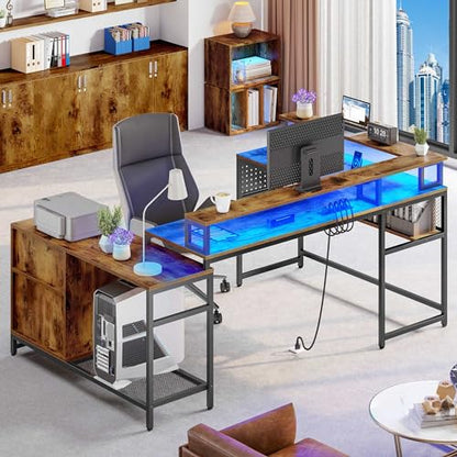 YITAHOME U Shaped Desk, L Shaped Desk with Drawers, Reversible Computer Desk with Power Outlets & LED Lights, Corner Desk Office Desk with Monitor Stand & Storage Shelves, Rustic Brown
