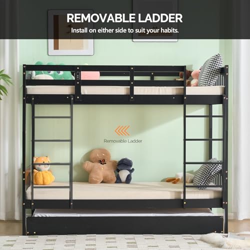VINGLI Solid Wood Bunk Bed with Trundles,Twin Over Twin Bunkbed with RGB LED/Charging Station,Convertible Bunk Bed Frame with 15 inches High Safety Guardrail and Ladders for Kids,Black VINGLI