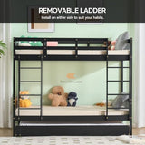 VINGLI Solid Wood Bunk Bed with Trundles,Twin Over Twin Bunkbed with RGB LED/Charging Station,Convertible Bunk Bed Frame with 15 inches High Safety Guardrail and Ladders for Kids,Black VINGLI