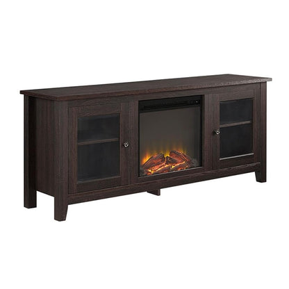 Walker Edison Rustic Wood and Glass Fireplace TV Stand for TV's up to 64" Flat Screen Living Room Storage Cabinet Doors and Shelves Entertainment Center, 58 Inch, Espresso Brown