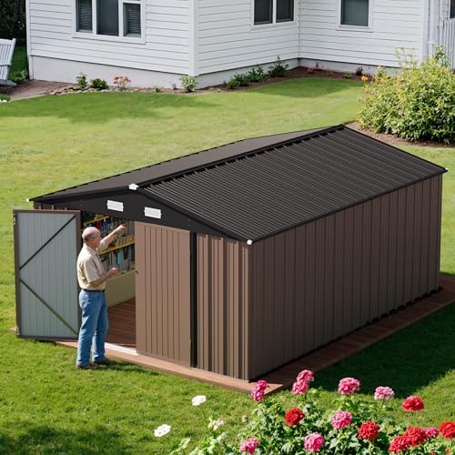 Greesum 10×14 FT Outdoor Storage Shed, Metal Storaged Sheds Without Floor, Tool Sheds with Lockable Doors and Sloping Roof for Garden, Patio, Backyard, Brown Greesum