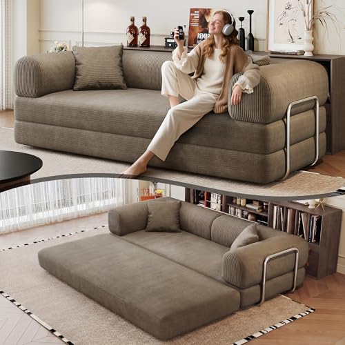 ZEIINPA 79" Convertible Sleeper Sofa Bed, Modern Corduroy Floor Couch Bed with Silver Fixed-Shape Frame, Modular Sofa Couch with Pull Out Bed, Loveseat Sleeper Boneless Couches for Living Room, Camel ZEIINPA