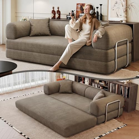 ZEIINPA 79" Convertible Sleeper Sofa Bed, Modern Corduroy Floor Couch Bed with Silver Fixed-Shape Frame, Modular Sofa Couch with Pull Out Bed, Loveseat Sleeper Boneless Couches for Living Room, Camel ZEIINPA