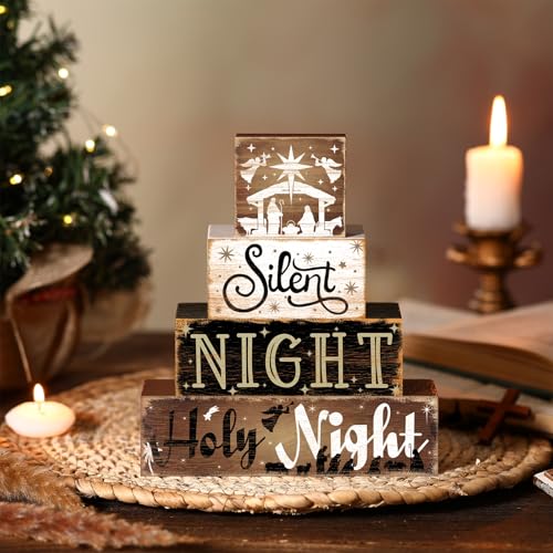 Moucuny 4 Pcs Christmas Nativity Tabletop Decor Nativity Scene Wooden Block Silent Holy Night Sign Christmas Tiered Tray Decor Centerpieces Farmhouse Table Decor for Home Mantle Table Moucuny