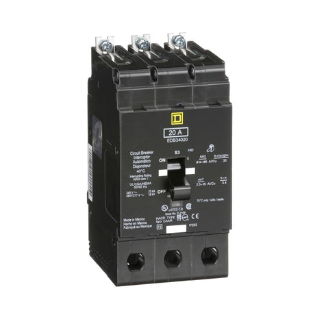 Square D EDB34020 Bolt-On Circuit Breaker, 20 Amp, 3 Poles, 18k Amp, 277V Square D