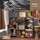 Record Player Stand with Vinyl Storage, Record Player Table with 8-Tier Vinyl Display Holder, Vinyl Record Stand Storage Up to 200 Albums, Turntable Stand with Metal Frame, End Table for Living Room ThreeHio