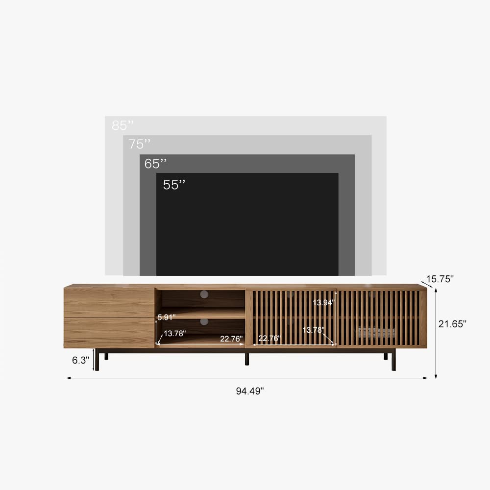 POVISON Modern Media Console with Storage, 95'' Solid Wood TV Stand for 75+ Inch TV, Farmhouse Slatted Door Entertainment Center, Full Assembled Tall POVISON