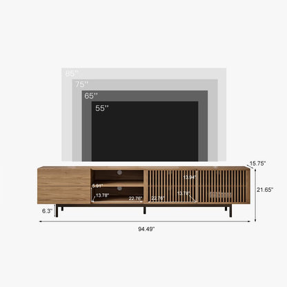 POVISON Modern Media Console with Storage, 95'' Solid Wood TV Stand for 75+ Inch TV, Farmhouse Slatted Door Entertainment Center, Full Assembled Tall
