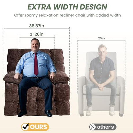 VIKAYAMICS Oversized Rocker Recliner Chair 42” Power Swivel Recliner for Living Room Overstuffed Extra Wide Rocking Recliners with Breathable Soft Fabric Up to 400lbs(Manual Brown) VIKAYAMICS