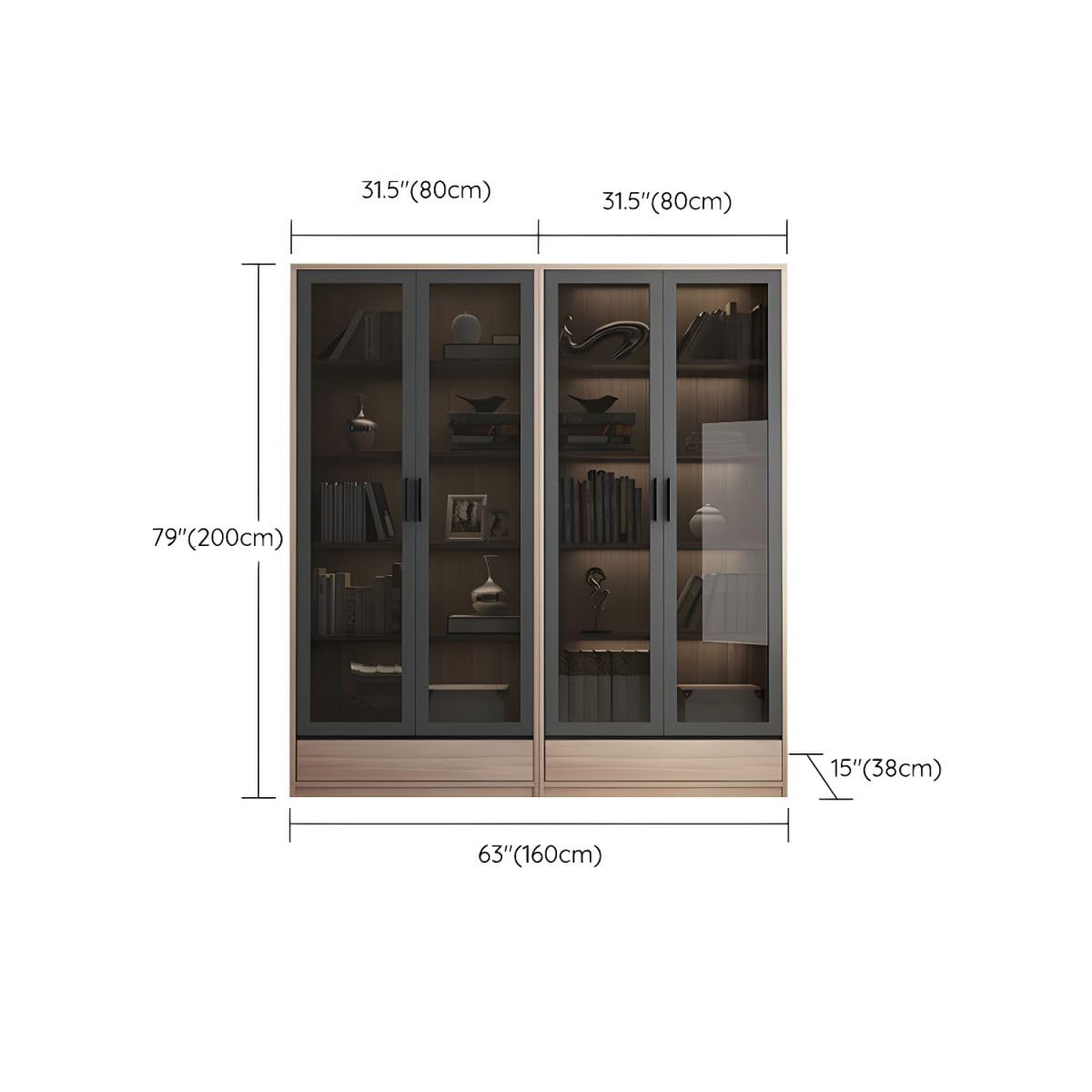 KWOKING Modern Wooden Bookcase with Glass Doors - 8 Shelves and 2 Drawer Storage Solution KWOKING