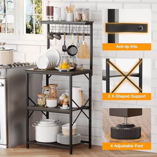 Furologee 4-Tier Black Oak Kitchen Bakers Rack & Microwave Stand with Pegboard and S Hooks Furologee