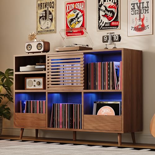 IRONCK Mid Century Modern Record Player Stand, Holds 1000+ Vinyl Records with 2 Drawers, Large Turntable Stand with Charging Station & LED Light, Suitable for Living Room & Entertainment Room, Brown IRONCK