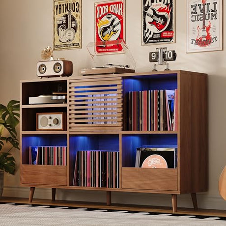 IRONCK Mid Century Modern Record Player Stand, Holds 1000+ Vinyl Records with 2 Drawers, Large Turntable Stand with Charging Station & LED Light, Suitable for Living Room & Entertainment Room, Brown IRONCK