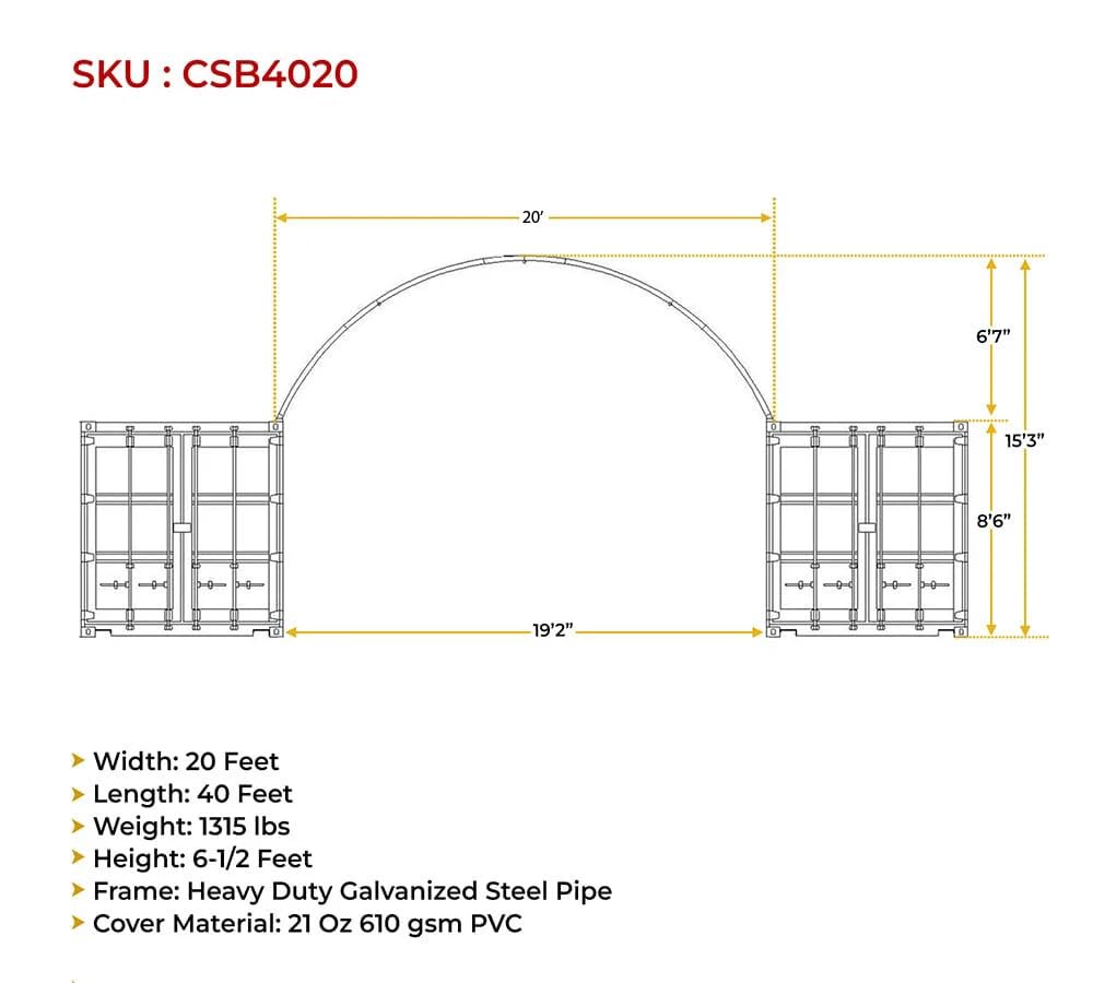 Mytee Products Shipping Container Canopy Shelter Kit - 40'(L) x 20'(W) 21 Oz PVC White Cover Storage Container Roof and Front Wall w/Doors and Back End Wall - Snow, UV and Weather-Resistant Mytee Products