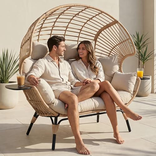 LUTINLIX Double Egg Chair with Cup Holder Outdoor Indoor,2 Person Oversized Wicker Lounge Egg Chair with 8” Thicken Cushions & Rain Cover 700lbs for Patio Balcony Porch Living Room