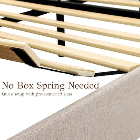 Yechen King Size Bed Frame, Wood Bed Frame with Upholstered Headboard, Solid Wood Posts and Feet, No Box Spring Needed, Beige Linen Yechen