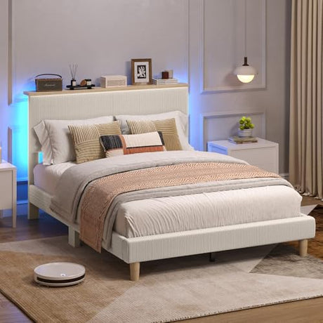 Bestier Queen Bed Frame with Adjustable Headboard & LED Lighting, Corduroy Upholstered Platform Bed Frame with Storage Shelf, Solid Wood Slats, No Box Spring Needed, Never Squeak, Easy Assembly, Beige Bestier