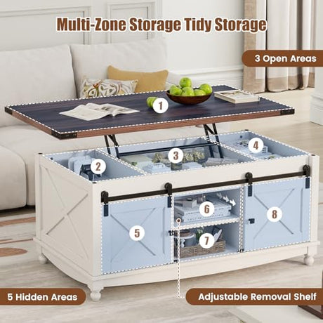 ALLSTAND 48" Farmhouse Lift Top Coffee Table with Storage Sliding Barn Door & Large Hidden Compartment, Coffee Table with Lifting Top with Wooden Lift Tabletop, Storage Coffee Table for Living Room ALLSTAND