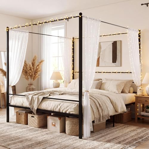 Giantex King Size Metal Canopy Bed Frame, Modern Platform Bed Frame with 4 Poster & Headboard, Mattress Foundation with Sturdy Metal Slat Support, No Box Spring Needed, Easy Assembly, Black