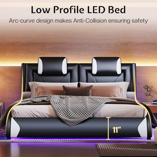 Jocisland LED Queen Bed Frame, Modern Faux Leather Upholstered Platform Bed Frames with Headrest Headboard, Low Profile Bed with Wave-Like Curve Design, No Box Spring Needed, Easy Assembly, Black Jocisland