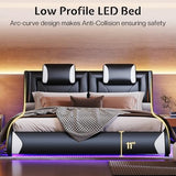 Jocisland LED Queen Bed Frame, Modern Faux Leather Upholstered Platform Bed Frames with Headrest Headboard, Low Profile Bed with Wave-Like Curve Design, No Box Spring Needed, Easy Assembly, Black Jocisland