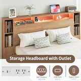 LIKIMIO Queen Bed Frame, Storage Headboard with Charging Station & LED Lights, 7 Open Shelves, 2 Side Cabinets, Storage Platform Bed, Easy Assembly, No Box Spring Needed, Natural Color LIKIMIO