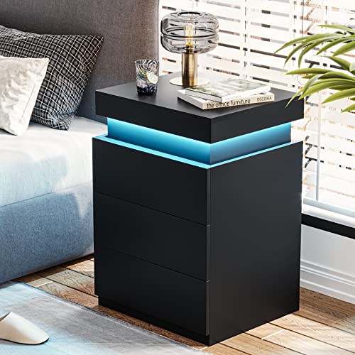 ADORNEVE Nightstand with Charging Station and LED Lights,Night Stand with Sliding Top,Bedside Table with Drawers,Modern End Side Table for Bedroom,Black ADORNEVE