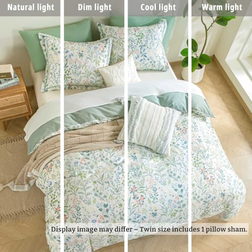 LEMIROE 100% Cotton Floral Duvet Cover Twin Size 2PC - Botanical Wildflower Pattern with Soft Pestel Accents on White, Dusty Green Reverse, Neutral Bedding Set with Button Closure(68"×90") LEMIROE