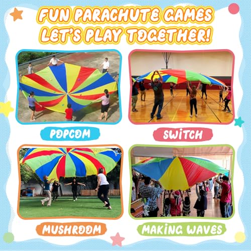 Sonyabecca Parachute, Play Parachute 10ft 12ft 16ft with 12 Handles 20ft 24ft with 16 Handles for Kids Cooperation Group Play Sonyabecca