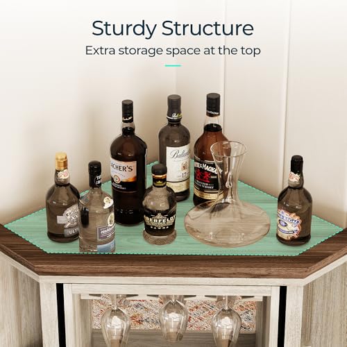 LINSY HOME Corner Bar Cabinet, 68.5" Tall Farmhouse Wine Cabinet with Rotating Liquor Shelves, Home Bar Cabinet with Barn Door & Adjustable Shelves for Dining Room, Living Room, Kitchen, Washed Gray LINSY HOME