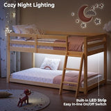 Vantic Low Bunk Bed with Guardrail and LED Light, Floor Toddler Bunk Bed Twin Over Twin with Wide Stairs, Convertible Soild Wooden Loft Bed for Kids with 6 Hooks, Space-Saving, Natural Wood Vantic