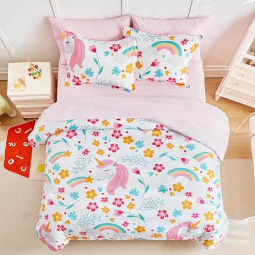Girls Bed in a Bag Queen Size White Unicorn Comforter Set with Rainbow Flower - Soft 7 Pcs Pink Bedding Set (1 Comforter, 2 Pillow Shams, 1 Flat Sheet, 1 Fitted Sheet, 2 Pillowcases) UOZZI BEDDING