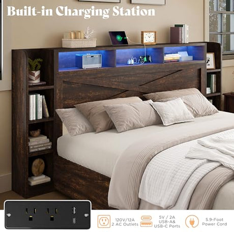AMERLIFE 45'' Farmhouse King Bed Frame with 4 Drawers, LED Bed Frame with Bookcase Headboard & Side Shelves, Wood Platform Bed with Charging Station, Walnut AMERLIFE