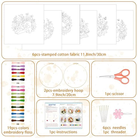 BEUNITONE 6 Set Varieties Cat and Flowers Embroidery Kit for Adults Beginners, Pre-Stamped Pattern Needlepoint Kits with Hoop, Tools, Instruction, Hand Embroidery Kits for Gifts, Fabric and Home Decor BEUNITONE