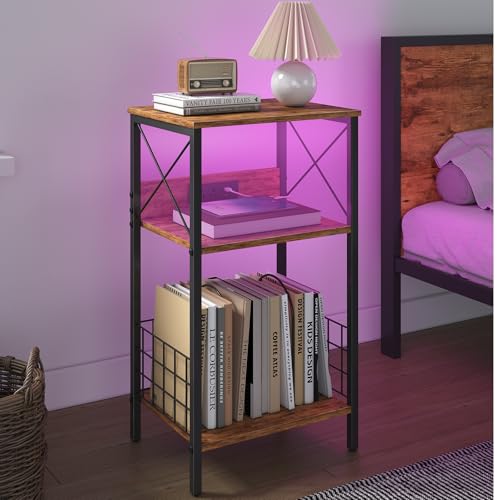 Sthmec 3 Tiers End Table with Charging Station, LED Side Small Table Turntable for Vinyl Storage, Records Player Stand for Albums, Vinyl Holder Shelf Tables for Living Room, Bedroom Rustic Brown Generic