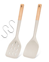 Pack of 2 Silicone Spatula, Non Stick Cooking Utensil Set Wooden Handle Kitchen Turner for Baking Mixing Grilling Serving Food Heat Resistant Non Scratch Hooks Included (Khaki) Badiano