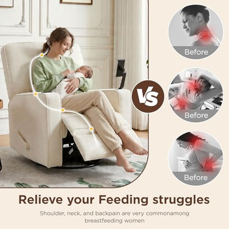 360° Swivel Rocker Recliner Chair with Adjustable Footrest, Rocking Chair Nursery with Phone Stand & Cup Holder,Manual Nursing Chair Glider Recliner Armchair for Adults, Living Room (Beige) FiveWillowise
