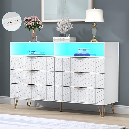 Loomie 6 Drawers Double Dresser with Power Outlet & LED Light,White Long Dresser Chests of Drawers with Storage Cubby,Wood Wide TV Dresser Stand for up to 55" for Bedroom,Hallway,Entryway - WoodArtSupply