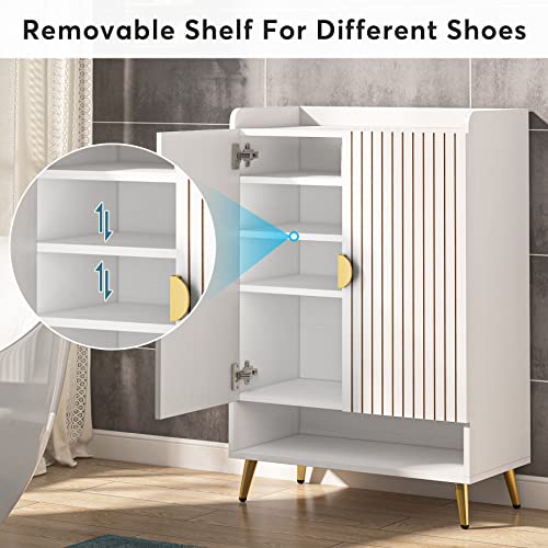 Tribesigns Shoe Cabinet with Doors, 6-Tier Shoe Storage Cabinet with Adjustable Shelves, Wooden Shoes Rack Shoe Storage Organizer for Entryway, Hallway, Closet, Living Room, White & Gold - WoodArtSupply