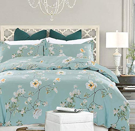 Nanko King Duvet Cover Set 3 Pieces 104X90 Size (1 Duvet Cover + 2 Pillow Shams) - Green Floral Printed -Soft Lightweight Luxury Microfiber - Teal Flower Comforter Cover Nanko