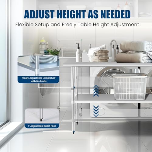 Chingoo Stainless Steel Table 30 x 60 Inches Metal Prep Table with Adjustable Undershelf for Commercial Kitchen & Outdoor Use Chingoo