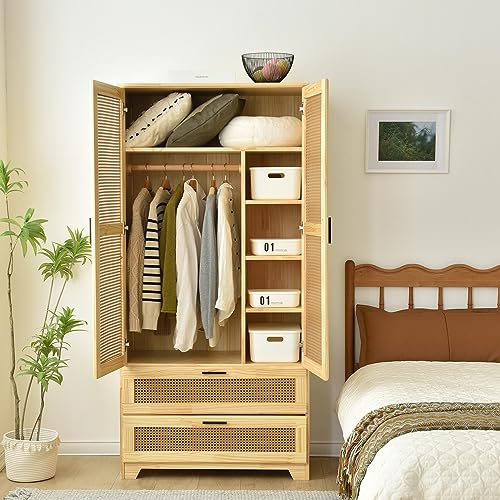Pine Wood Closet with Rattan Doors and Two Drawers (Natural) Woodpeckers Furniture And Mattress