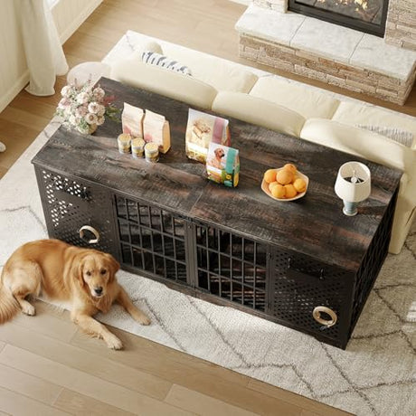 HOOBRO 71" Dog Crate Furniture for 2 Large Dogs, Heavy Duty Indoor Kennel with Removable Divider & Name Tags, TV Stand Cage Furniture for Medium & Large Dogs, Charcoal Gray & Black BC84GW03 HOOBRO