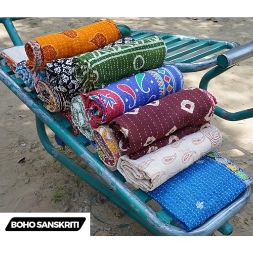 Boho Sanskriti Indian Quilt Vintage Bedspreads,Throws,Ralli, Lot Kantha Reversible Bedcover Bedspread Throw Cotton Blanket Gudari -Single Pieces, Twin Boho Sanskriti