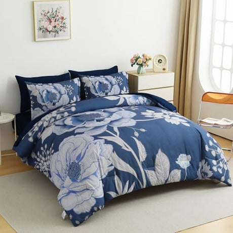 Luxudecor Floral Comforter Set Queen Size 7 Pieces Bed in a Bag,Flower Print on Blue Bedding Set,Soft Microfiber Bedding Set for All Season (Blue,90"x90") Luxudecor