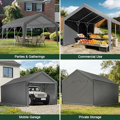 Carport, 10x20ft Heavy Duty Car Port, Portable Garage with Removable Sidewalls & Doors, Carports Canopy Car Shelter with Waterproof Tarp for Car Boat Truck Party (Grey, 10x20 with sidewalls) TANGJEAMER