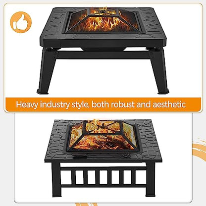 Yaheetech Fire Pit 34.5in Fire Pits for Outside Large Fire Pit Table Futuristic Mecha/Mechs Design Square Wood Burning Fire Pits for Patio Garden Camping Bonfire W/Log Grate & Rain Cover & Po - WoodArtSupply